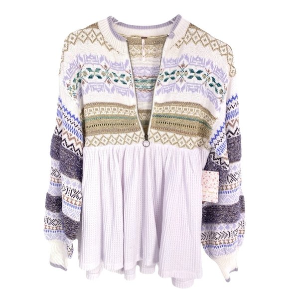 Free People Oversized Boho Babydoll Cozy Cottage Metallic Fair Isle Thermal - Picture 2 of 11
